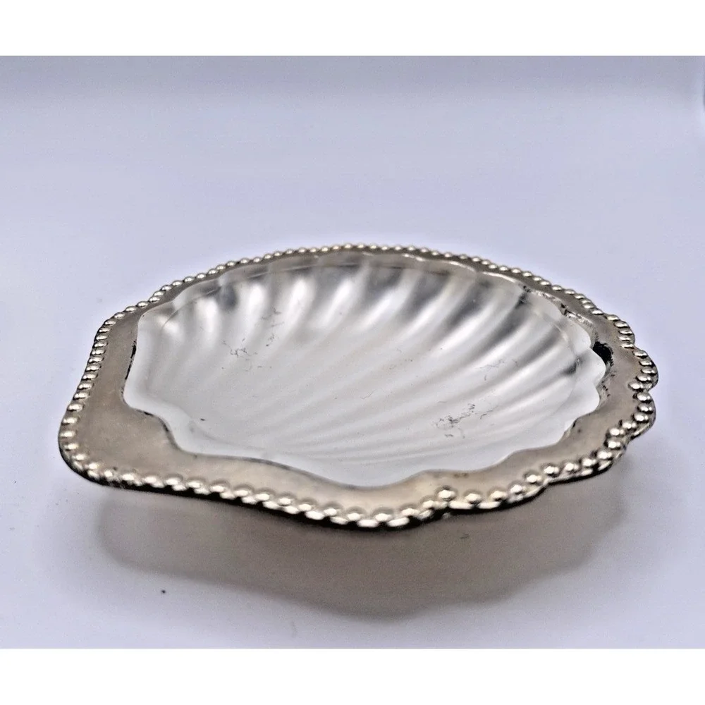 2 Vtg Japan Gold Clam Shell Nut Sauce Trinket Salt Butter Dishes Glass Insert